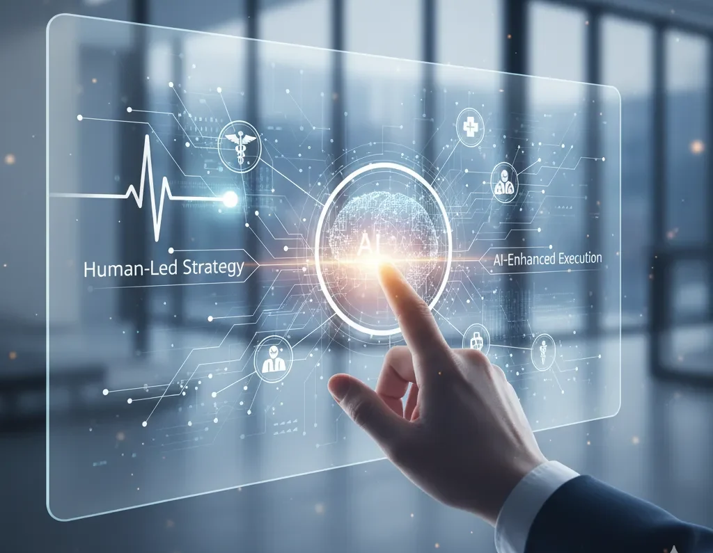 A business professional touches a digital panel displaying AI concepts, highlighting Human-Led Strategy and AI-Enhanced Execution